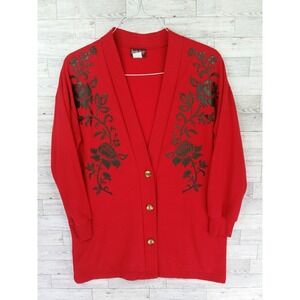 Vintage Red Black MCM Cardigan Sweater Medium M 1980s By Linda Lori Made In USA